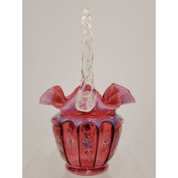 Fenton Art Glass Cranberry Opalescent Open Heart Arches BILL & GEORGE Basket - Picture 4 of 11